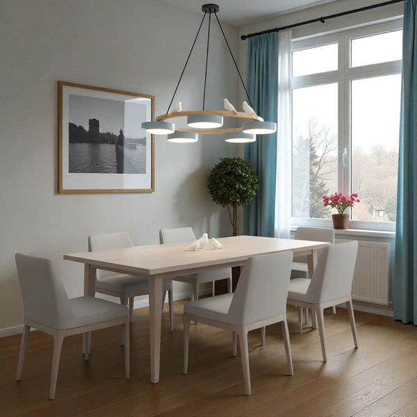 Moderne skandinavisk cirkulær LED-lysekrone med fugle